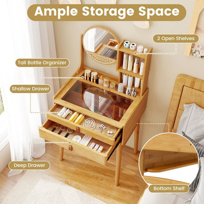 CHARMAID Small Bamboo Vanity Desk with Mirror and Stool, Glass Top Makeup Vanity Table with Storage Drawers, Shelves & Deep Tabletop Groove, Compact Dressing Table for Bedroom Small Spaces, 23.5" W
