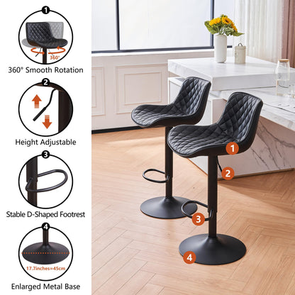 YOUTASTE Black Bar Stools Counter Height Bar Stool Set of 2 Adjustable Swivel Faux Leather Barstools with Padded Back Diamond Metal Bar Chairs for Home Kitchen Island