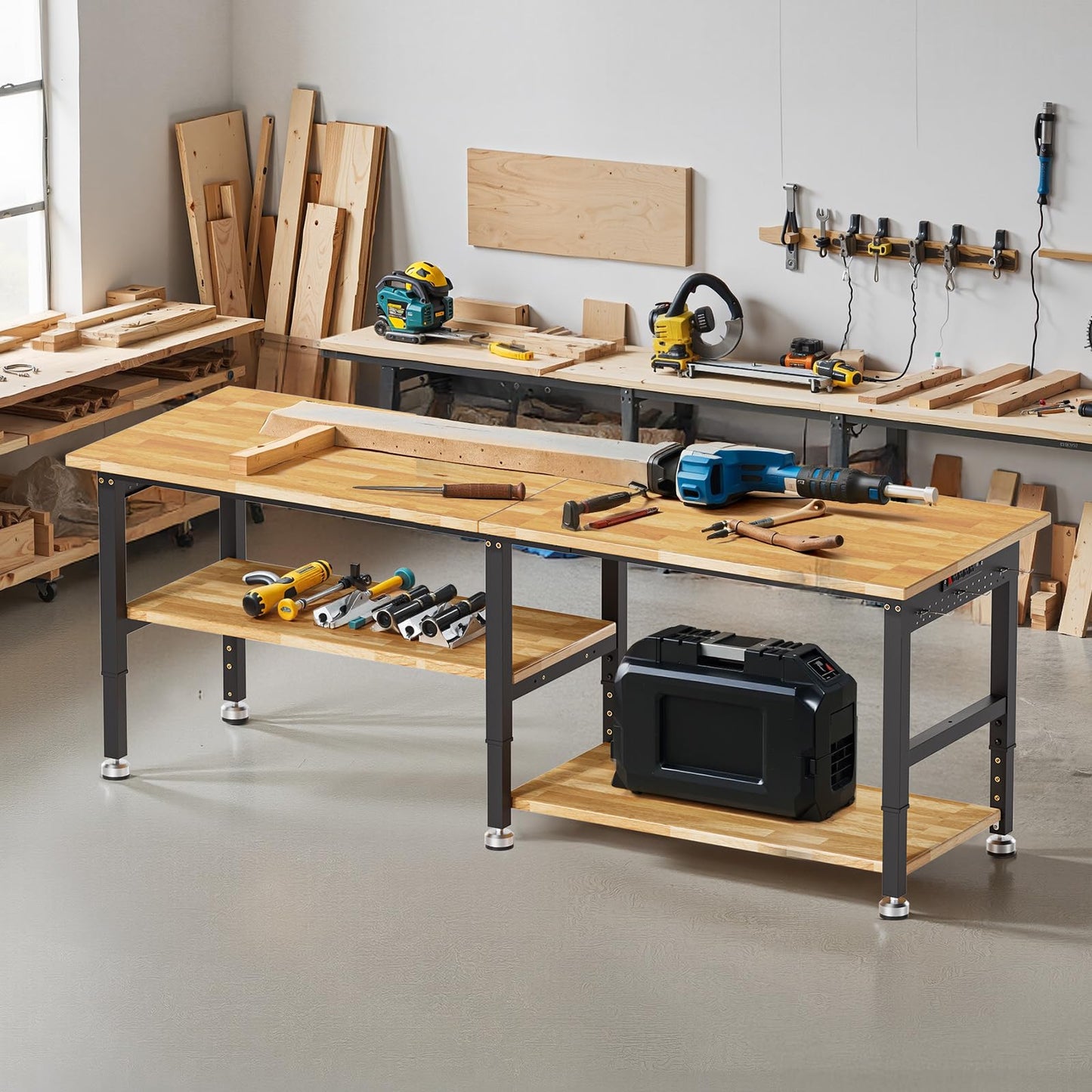 96” Adjustable Work Bench, 2-Layer Heavy Duty Workbench, 6000 LBS Capacity Workbench with Pegboard & Power Outlet, Rubber Wood Work Table for Garage, Office, Workshop, Home