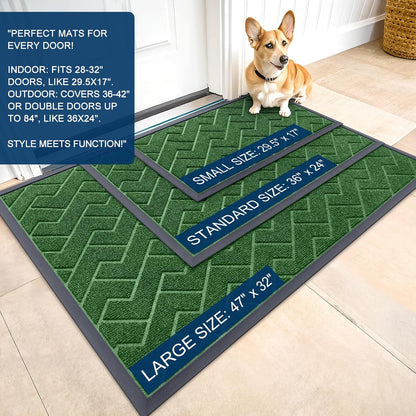 OLANLY Waterproof All-Season Front Door Mat - Sturdy Natural Rubber, Easy Clean Herringbone Design (Green, 59x35)