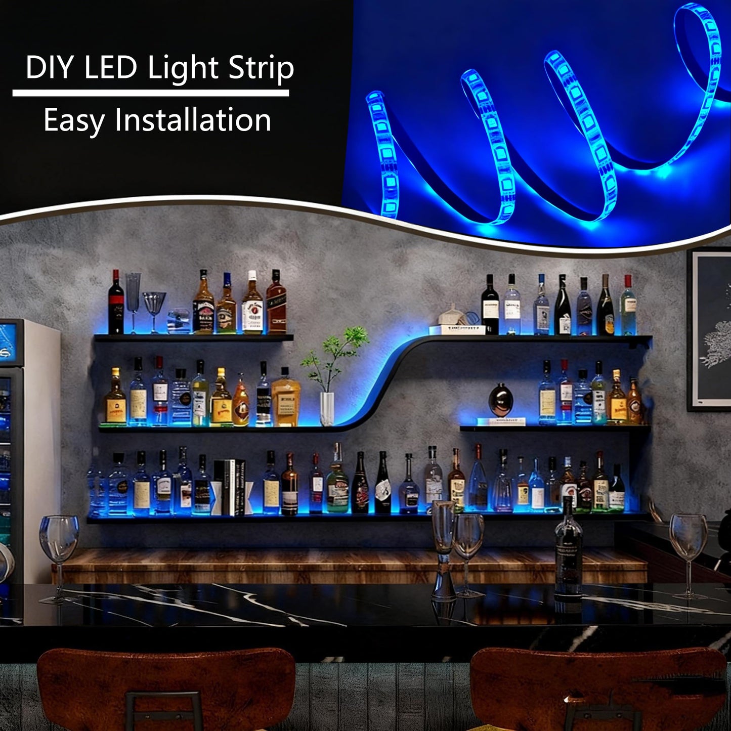 59IN Modern Wall Mounted Wine Rack with Blue LED Light, 3-tiers Metal Curved Bar liquor Bottles Display Shelf, Large Floating Bar Shelves Storage for Home bars, kitchens Coffee Shop (Black, 59in)