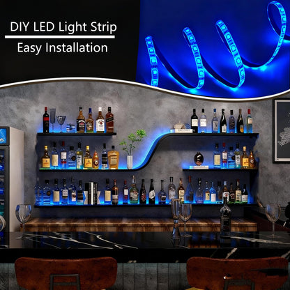 59IN Modern Wall Mounted Wine Rack with Blue LED Light, 3-tiers Metal Curved Bar liquor Bottles Display Shelf, Large Floating Bar Shelves Storage for Home bars, kitchens Coffee Shop (Black, 59in)