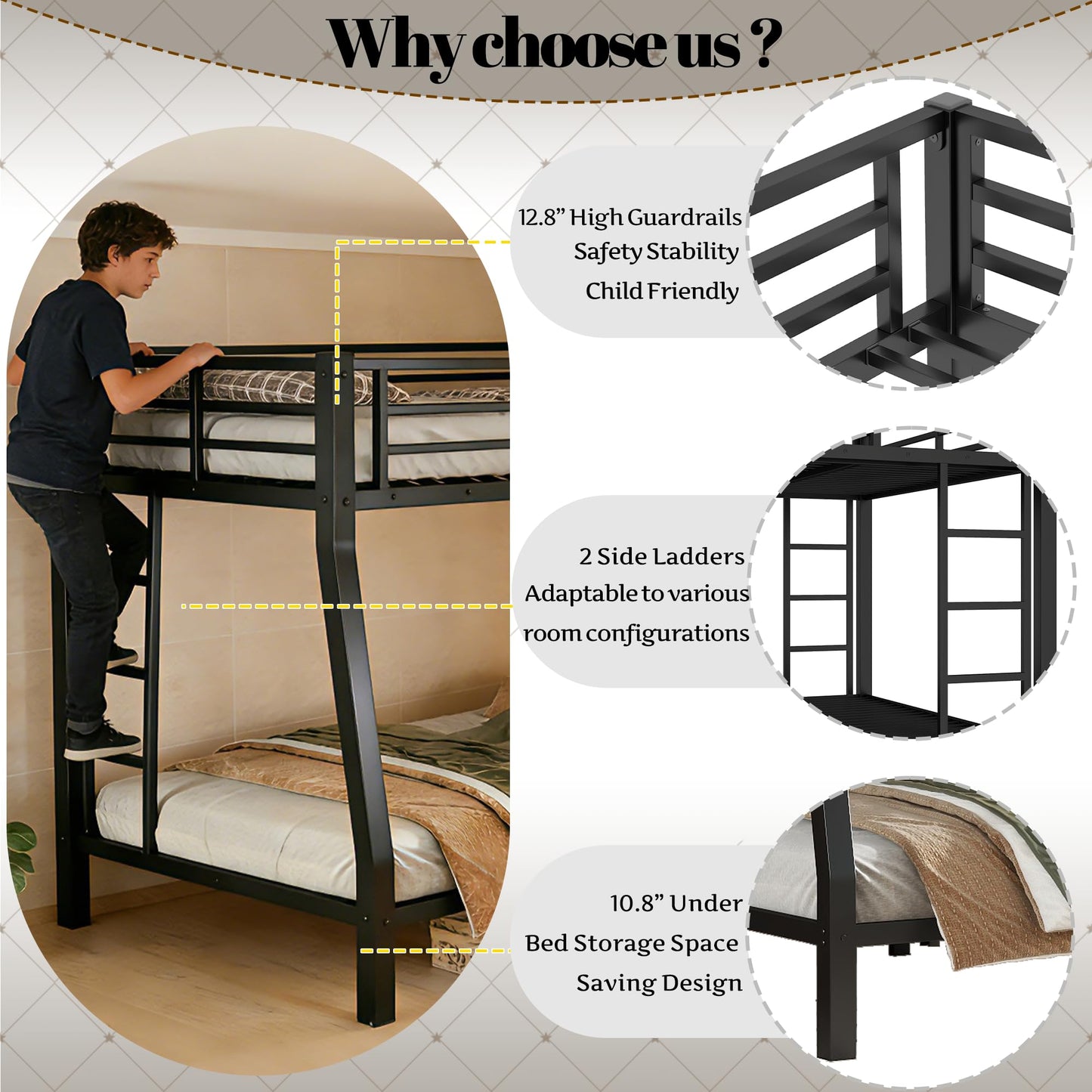 Bellemave Full XL Over Queen Bunk Bed with High Guardrail & Under-Bed Storage, Heavy Duty Metal Bunk Beds Frame with 2 Side Ladders, Full Over Queen Bunk Bed for Adults, No Box Spring Needed, Black