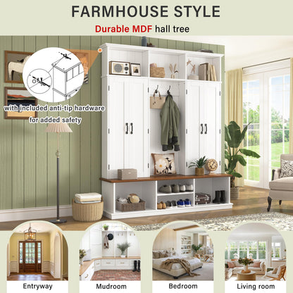 Amposei Farmhouse Hall Tree with Storage Cabinet & Shoe Bench, 78.7''H Tall Entryway Storage Organizer with 4 Doors, 7 Open Cubbies & 6 Coat Hooks for Hallway Mudroom Living Room, White