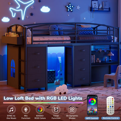 Low Loft Bed Twin Size with 7 Storage Drawers, Desk and LED Lights, Heavy Duty Metal Kids Loft Bed with 13.8" H Safety Guardrail, Anti-Collision Pad, Private Play Curtain, Under-Bed Play Space - Black