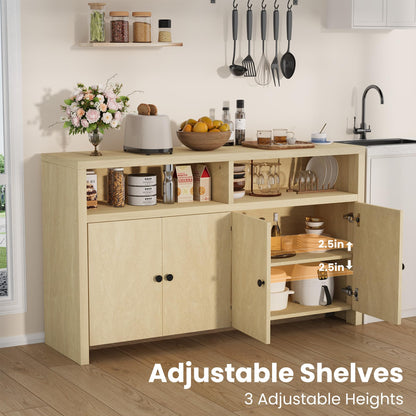 IDEALHOUSE Buffet Sideboard Cabinet with Storage, 55" Large Farmhouse Kitchen Storage Cabinet with 4 Doors & Adjustable Shelves, Wood Coffee Bar Cabinet for Kitchen, Dining Room, Living Room