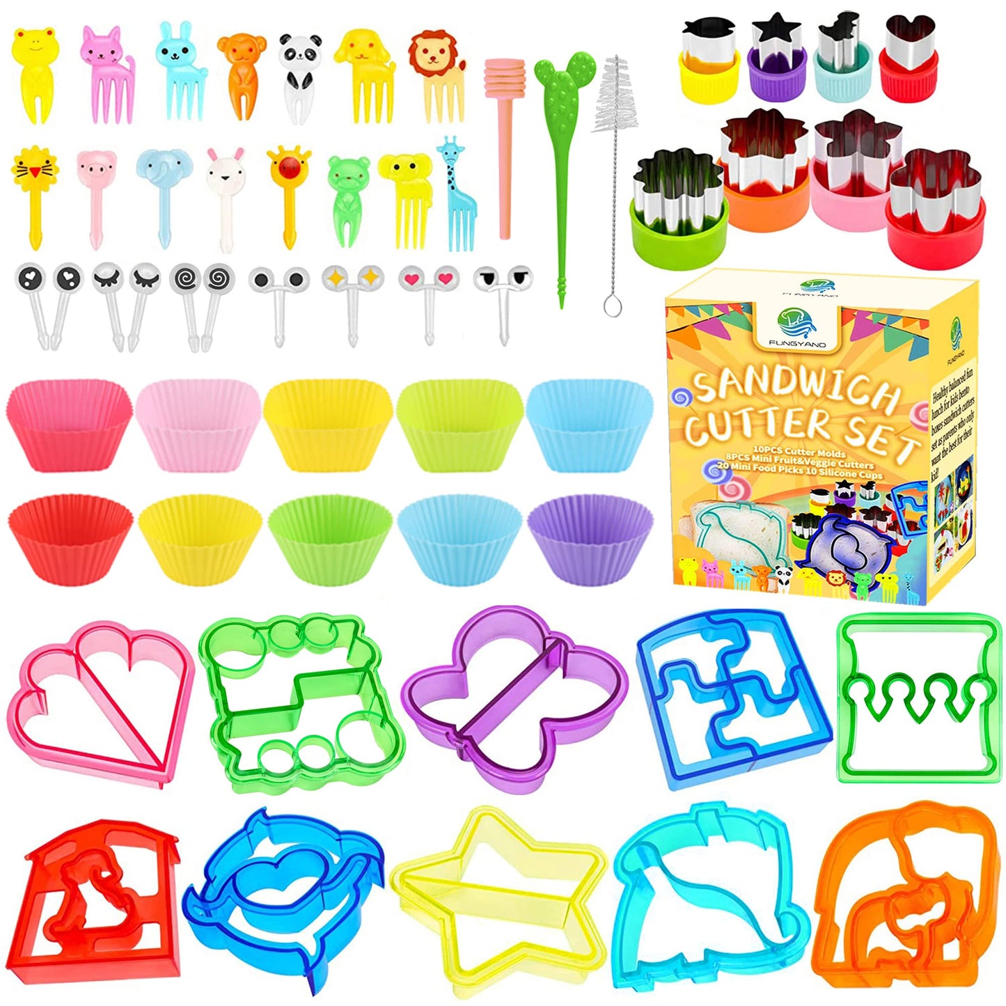 FUNGYAND Sandwich Cutter Set, All in One Bento Box Complete Supplies and Accessories Kit Includes Sandwich Bread Cutters, Fruit Cutter, Animal Food Picks, Silicone Cups