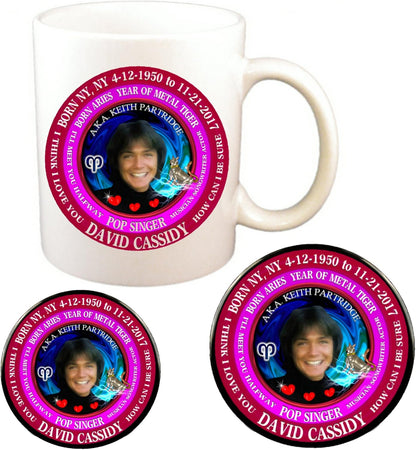 David Cassidy 70's Singer Cup + Magnet + Pin, Astrology Aries Zodiac Metal Tiger