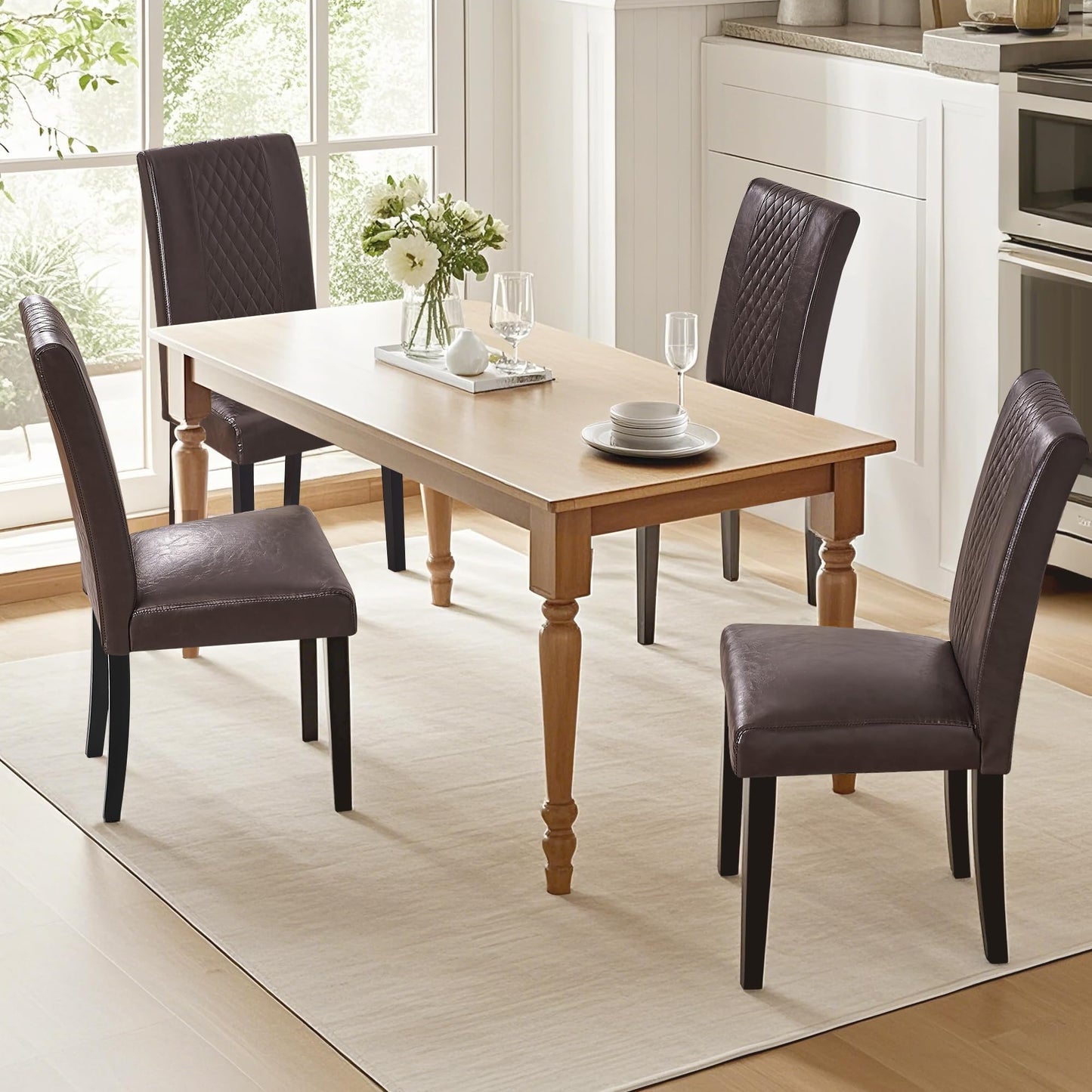 VECELO Dining Chairs Set of 6, Upholstered PU Leather Wood Legs High Back for Kitchen Living Room, Coffee