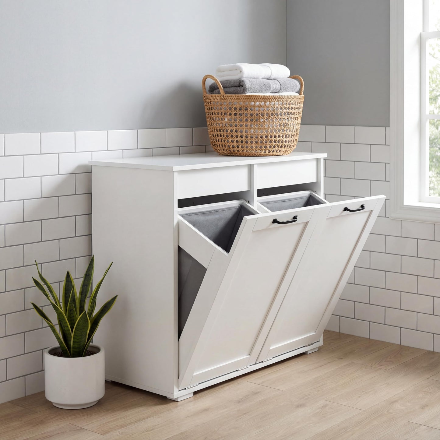 White Laundry Cabinet with 2 Removable Liner Bags, Particle Board and MDF, 31.5 x 15.75 x 30.31 Inches, Dual Compartment Hamper Sorter