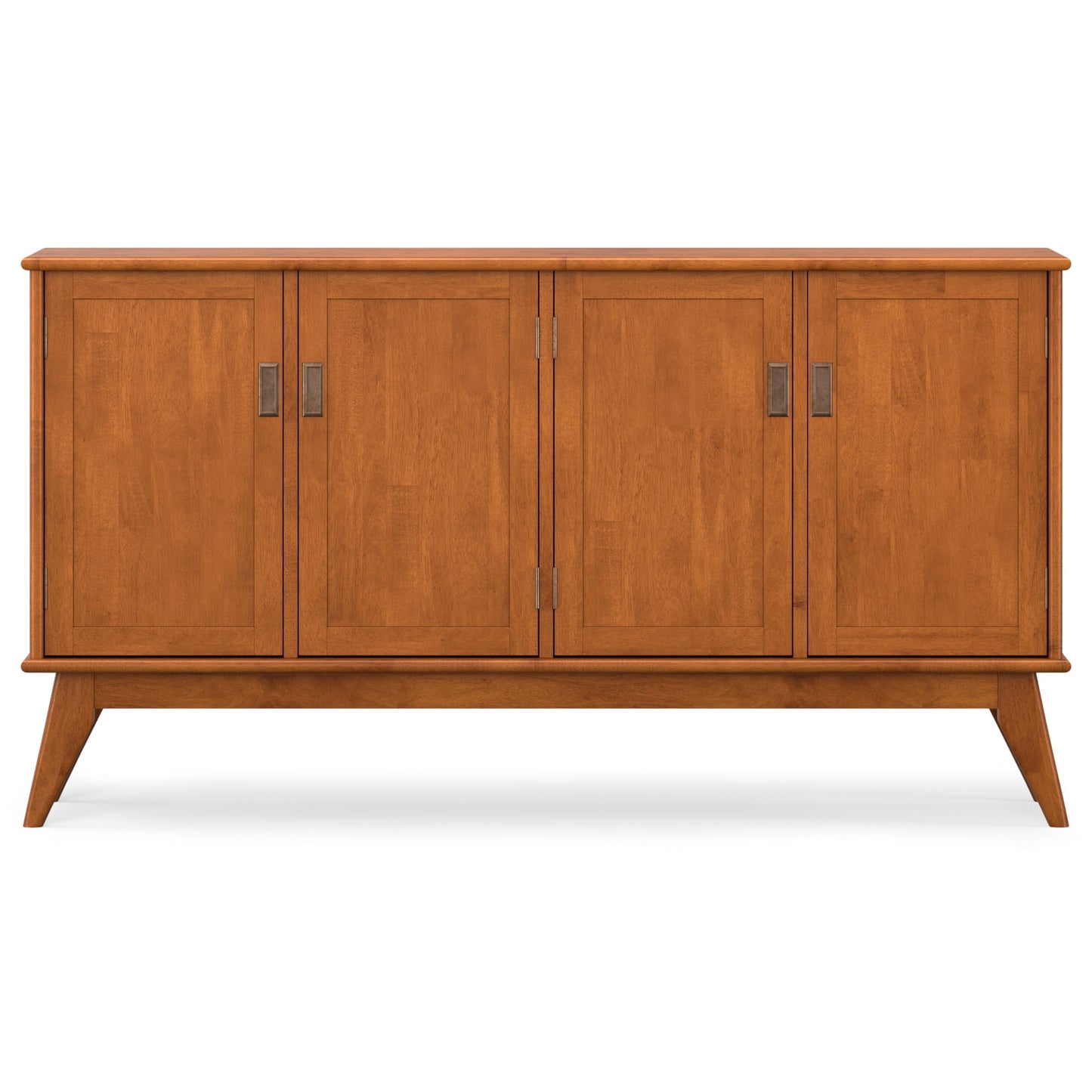 SIMPLIHOME Draper Buffet - 66 inch Wide Solid Hardwood 4-Door Sideboard Buffet in Teak Brown, Mid-Century Modern Cabinet for Dining Room or Kitchen with Adjustable Shelves and Tapered Legs