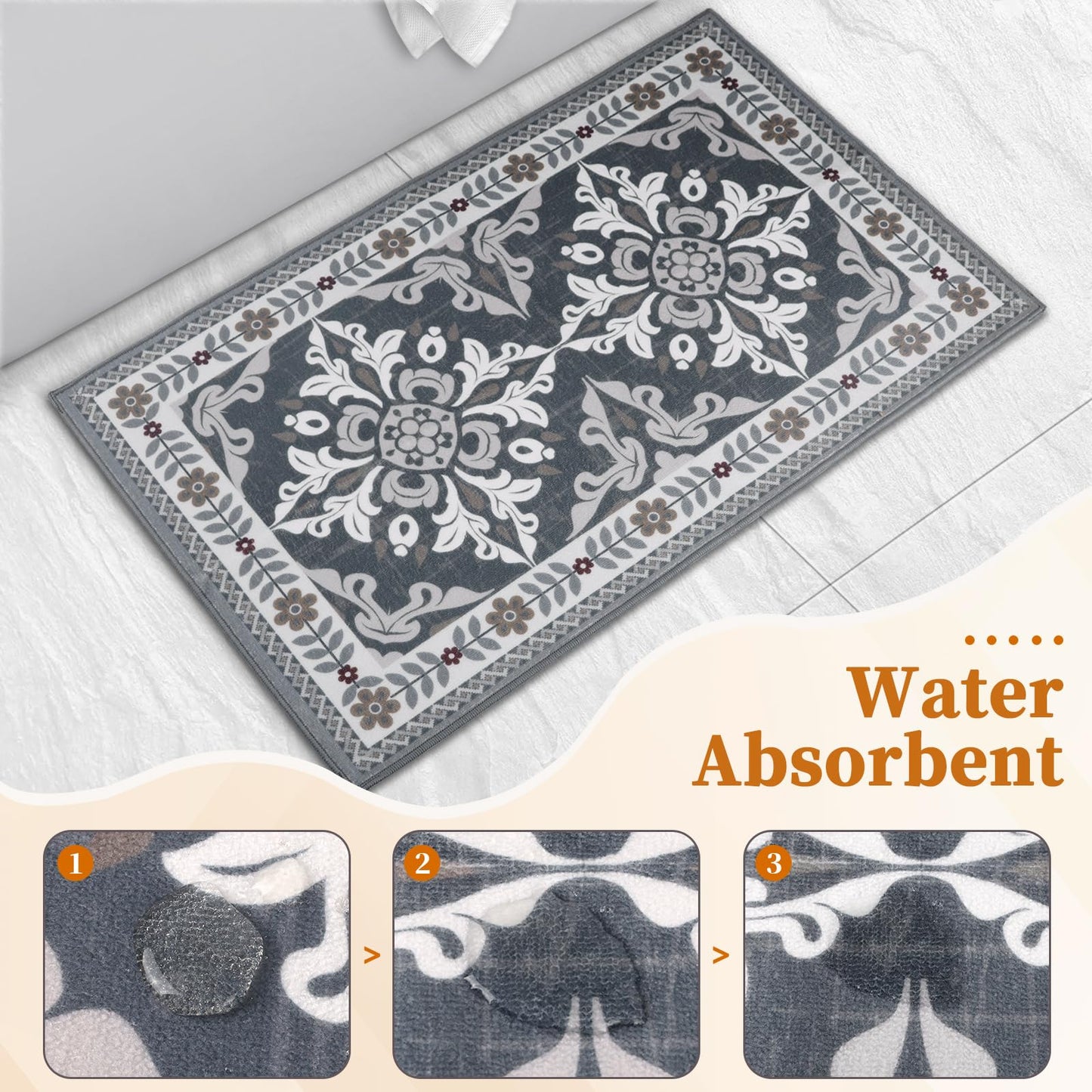 DailyCuddles 3-Piece Kitchen Rugs, Non-Slip & Washable Floor Mats, Water-Absorbent Area Pad, Standing Desk Mat for Office, Home, Doorway, Laundry, Kitchen Accessories (Grey)