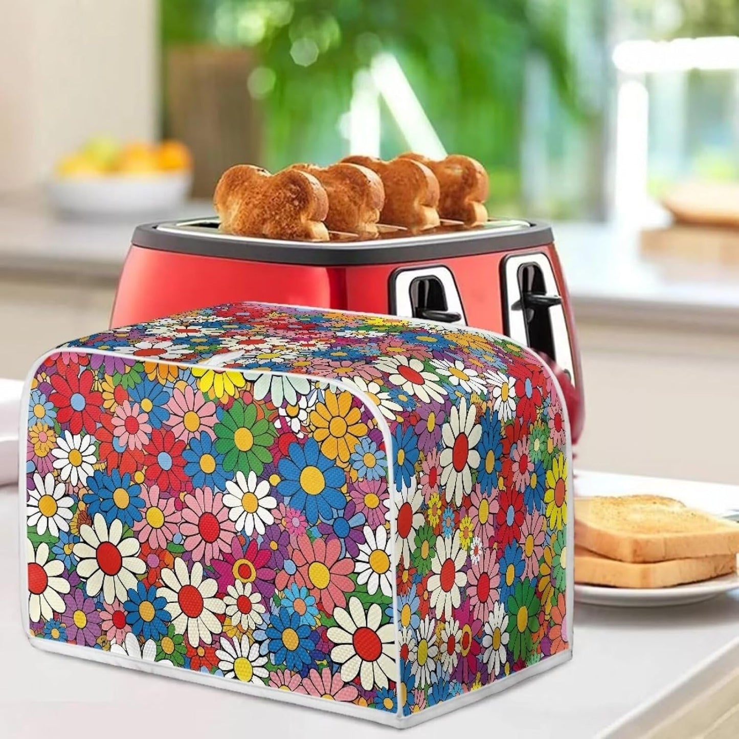 Daisy Flowers Printed Toaster Cover, 4 Slice Washable Kitchen Appliance Protector for Dust and Fingerprint