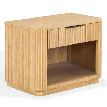 SAFAVIEH Couture Collection – Barrymore Greige Oak Reeded Wood Nightstand, 1 Drawer Bedside Table with Open Shelf, Fully Assembled (SFV2224A)