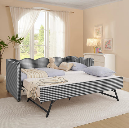 PVWIIK Twin Size Upholstered DayBed with Trundle and USB for Adult,Kids,Bedroom,BedFrame w/Linen Adorable Wave Shaped, Black