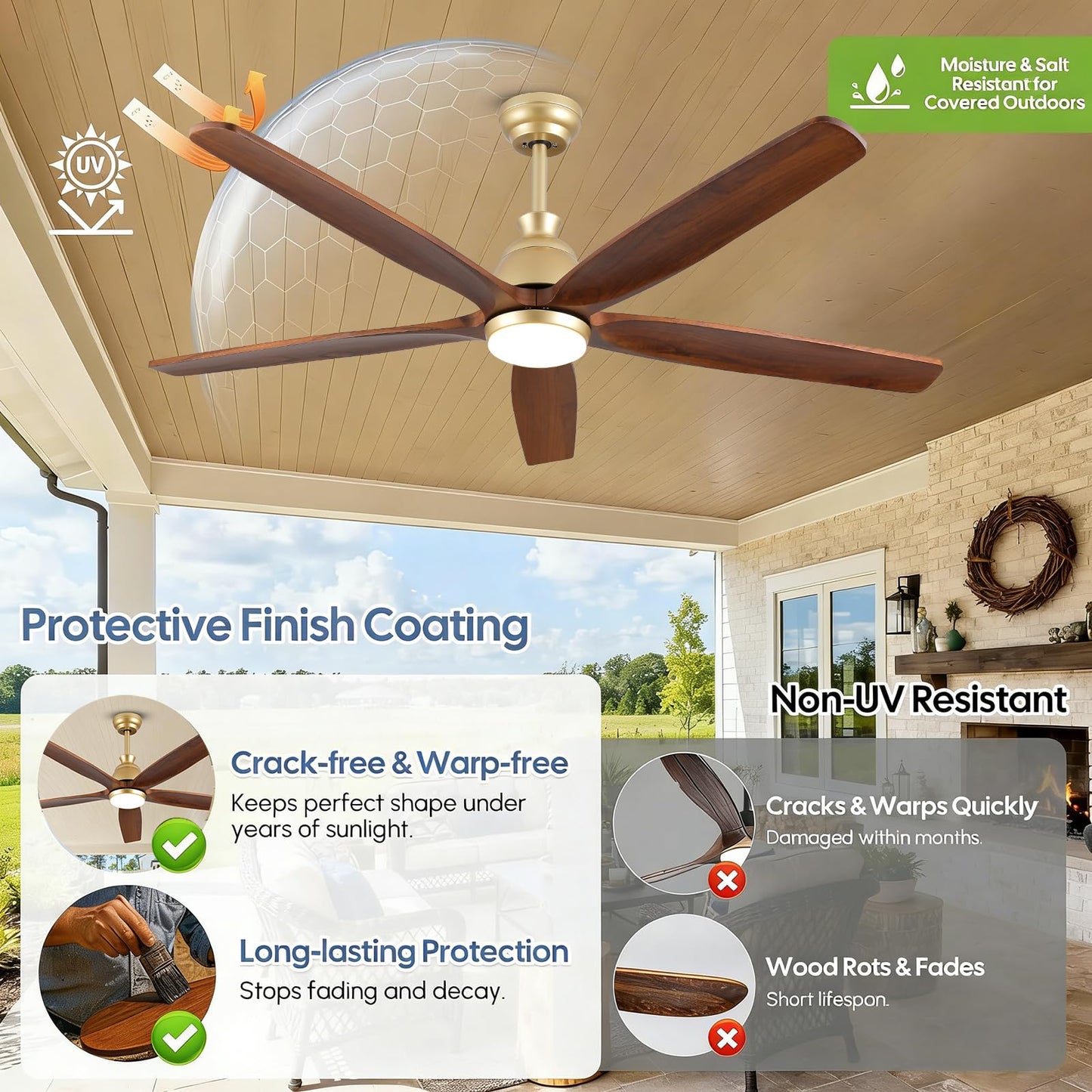 YZEENM 60 Inch Ourdoor Gold Ceiling Fan with Light, 5 Walnut Wood Blade Damp-Rated, Indoor Exterior High CFM Propeller for Patio Farmhouse, 6 Speeds Quiet Reversible DC Motor, for Living Room Porch