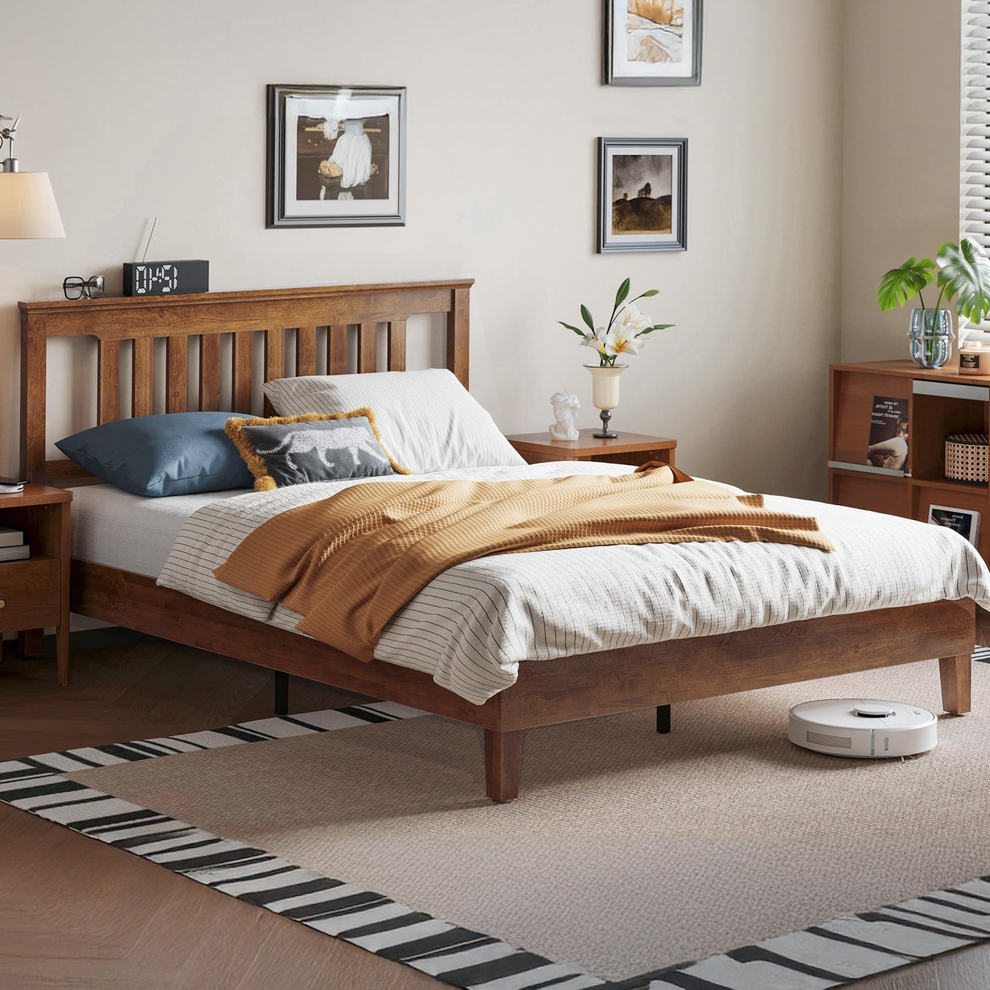 LINSY Solid Wood Bed Frame, Full Bed Frames Wooden Platform Frame with Headboard and Slat Bases, Mid Century Modern Bedframe No Box Spring Needed, Easy Assembly, Antique Walnut