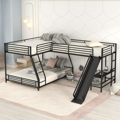 Merax L-Shaped Twin Over Full Bunk Bed with Twin Size Loft Bed, Black Metal Bunk Bed with Built-in Desk and Slide