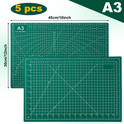 A3 Self Healing Cutting Mat Set, 5 Pack Double-Sided PVC Cutting Mats for Crafts with Inch, Metric, and Angle Guides for Sewing, Quilting, and DIY Cutting
