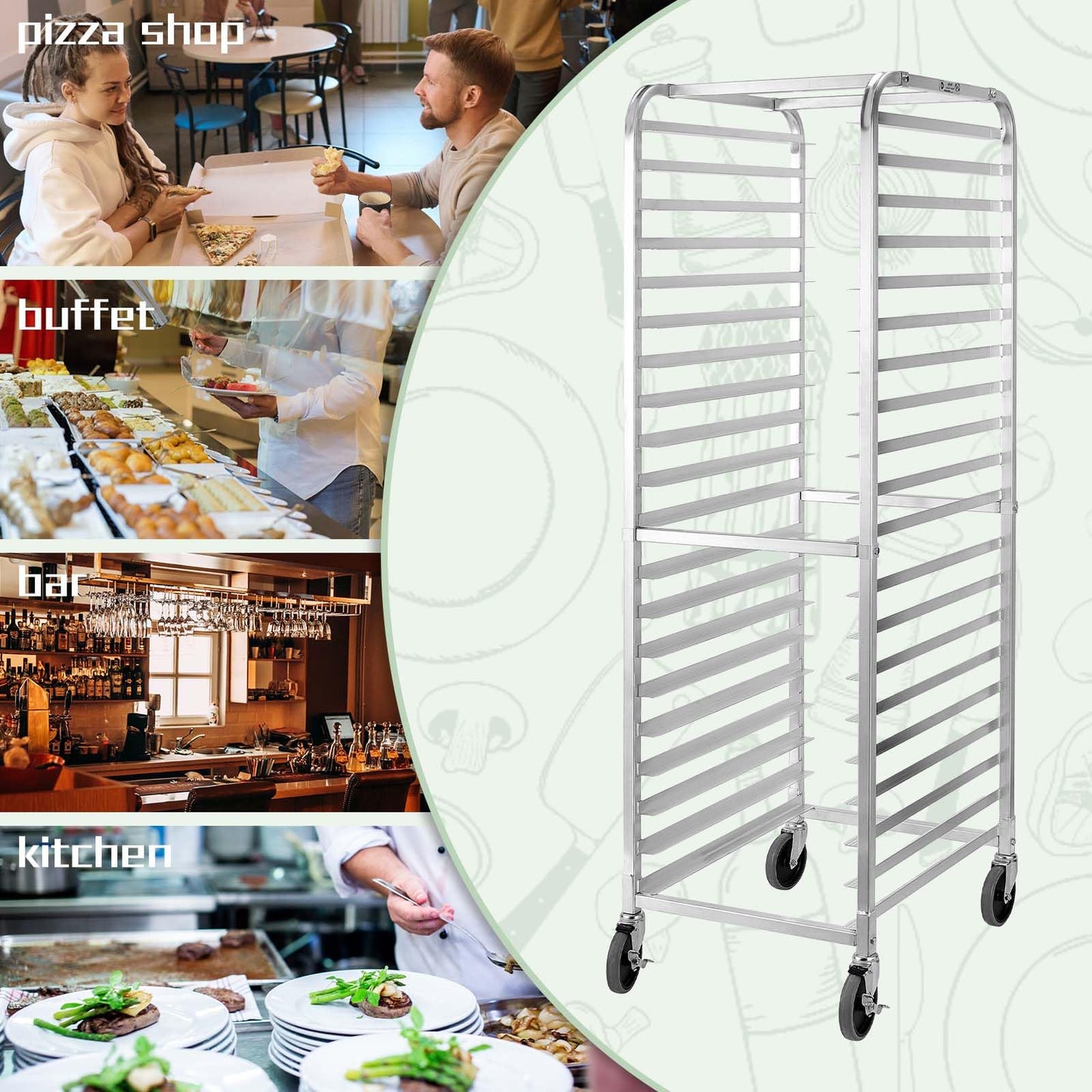 HALLY SINKS & TABLES H Bun Pan Rack 20 Tier with Wheels, Commercial Bakery Racking of Aluminum for Full & Half Sheet - Kitchen, Restaurant, Cafeteria, Pizzeria, Hotel and Home, 26" L x 20" W x 69" H