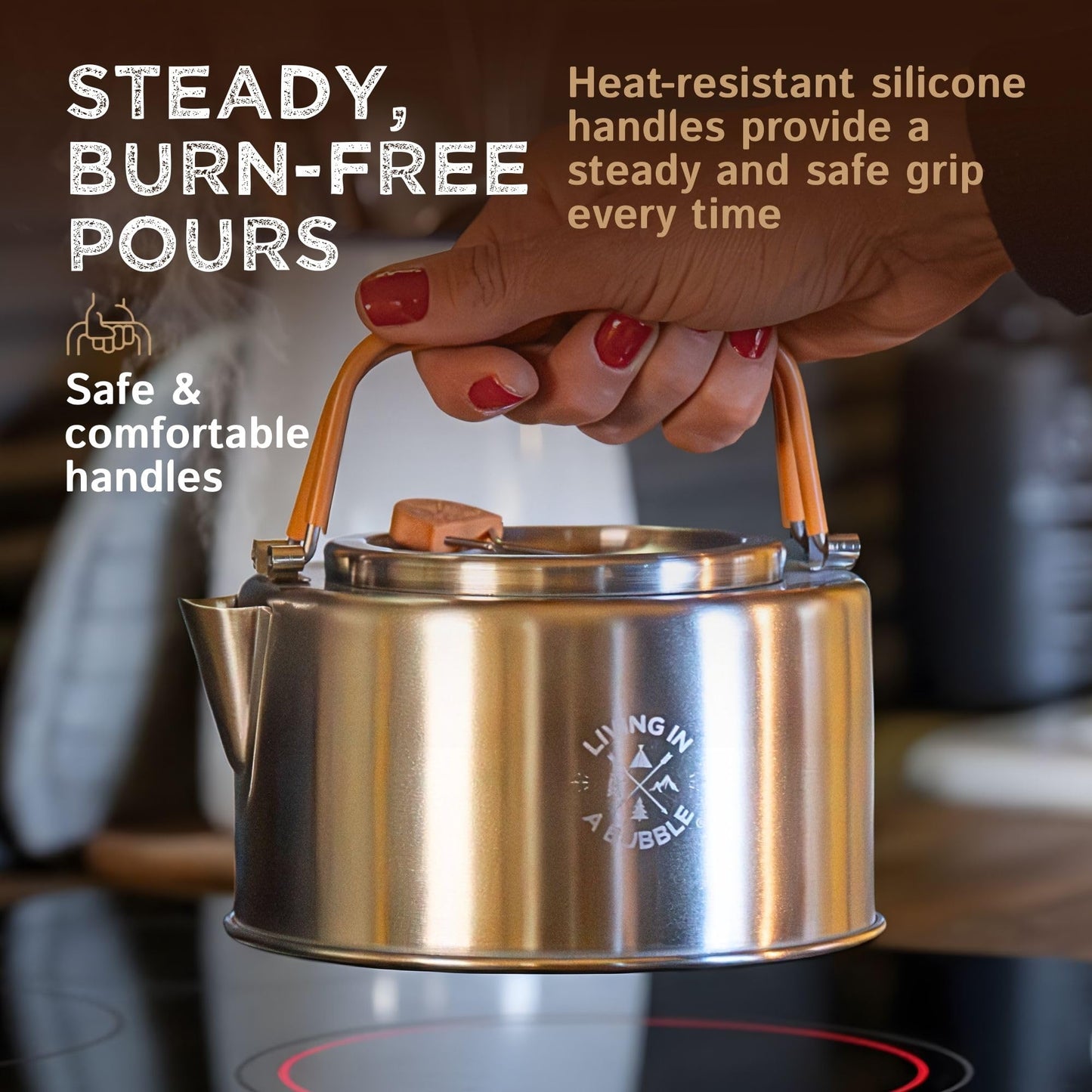 Living in a Bubble Premium 1L Camping Kettle with Strainer – Chef-Grade Stainless Steel – Compact Outdoor Cookware for Camping, Van Life, & Tiny Kitchens