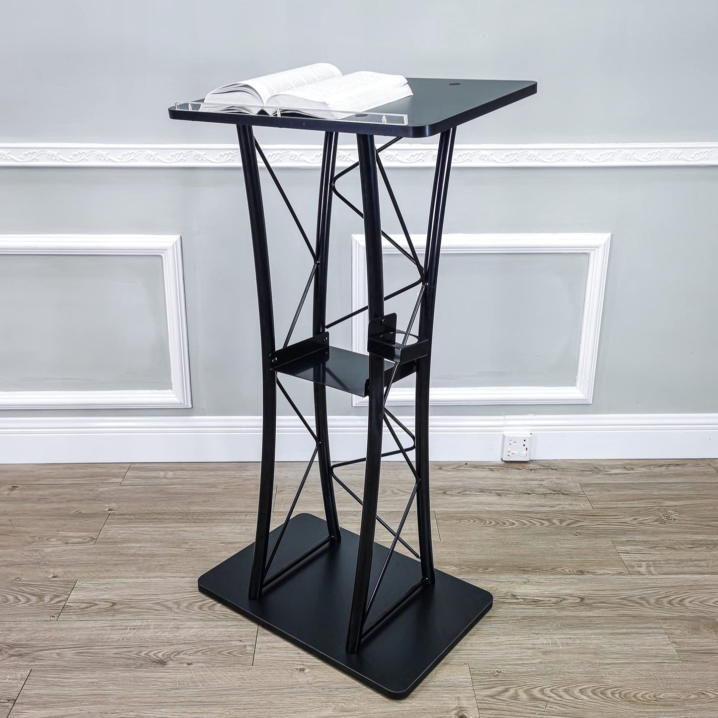 FixtureDisplays® Wood (MDF) Top, Metal Truss Podium Pulpit Lectern 23.8 X15.9 X46" with A Cup Holder Black 21854-X-NEW-NPF