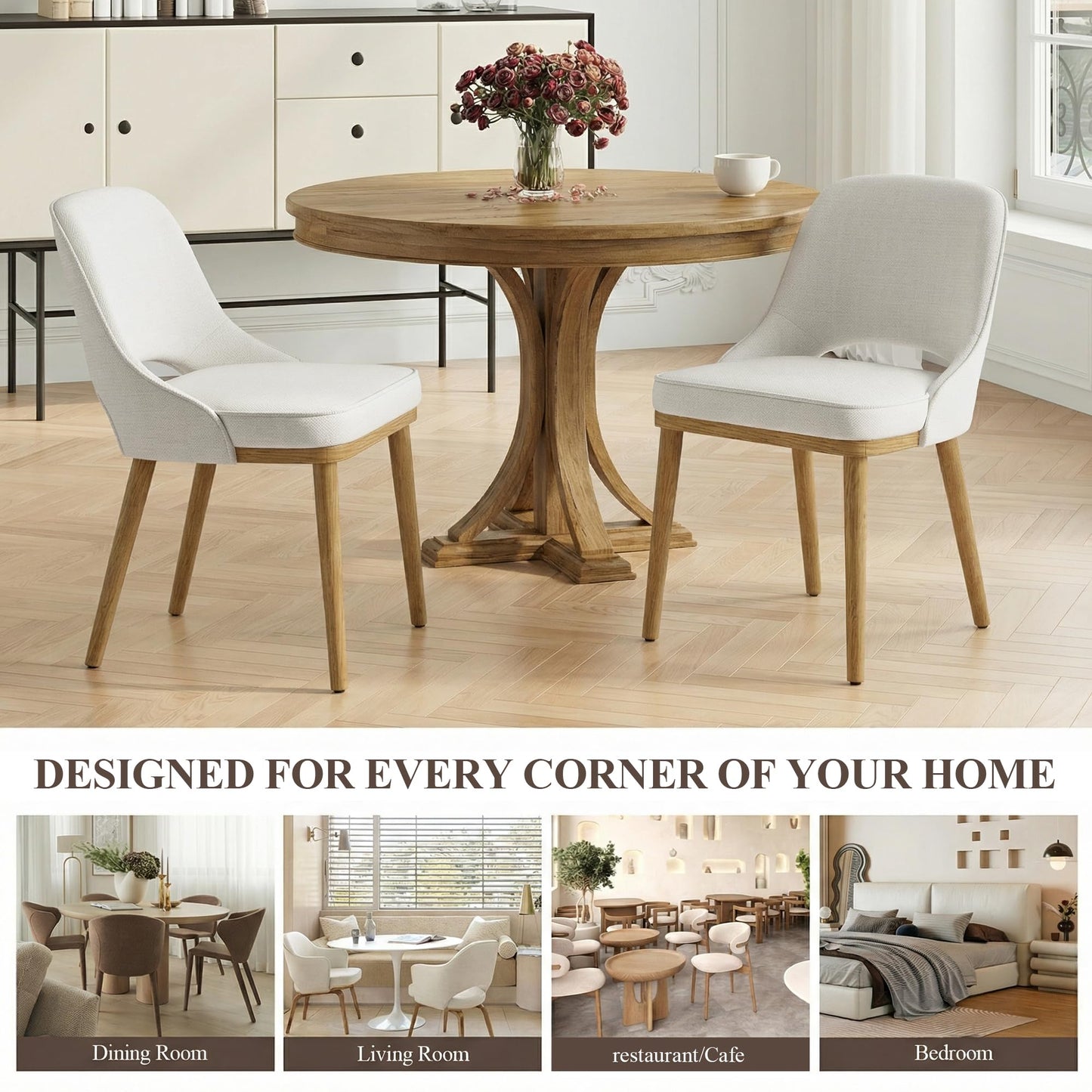 MALOL Wooden Dining Chairs Set of 4, Modern Fabric Upholstered Dining Room Chair, Kitchen Side Chairs, Farmhouse Armless Dinner Chair with Open Back for Kitchen, Beige