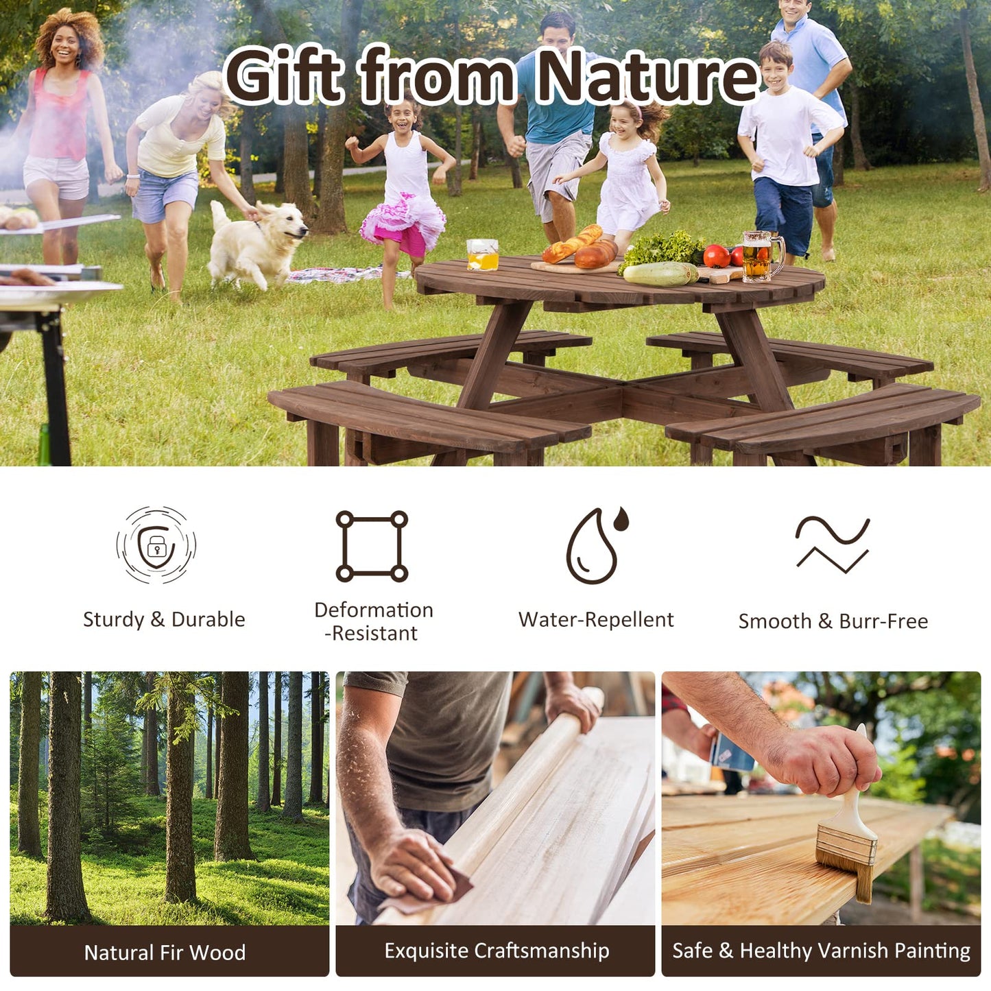 Tangkula 8 Person Wood Picnic Table, Outdoor Round Picnic Table with 4 Built-in Benches, Umbrella Hole, Outside Table and Bench Set for Garden, Backyard, Porch, Patio, 500lbs Capacity Per Bench