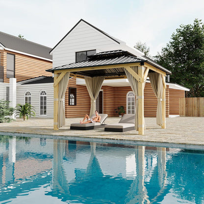 12' × 10' Hardtop Wood Gazebo with Double Galvanized Steel Roofm, Upgrade Wooden Frame with Nettings & Curtains for Backyard, Patio, Garden, All-Weather Khaki Outdoor Pavilion (4 Packages Shipped)