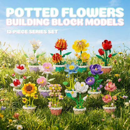 FNSJFYZS 12 Pack Flower Building Blocks, Botanicals Collection Artificial Flowers with Pots, DIY Craft Kit for Home Office Desk Decor, Unique Birthday Gifts for Adults
