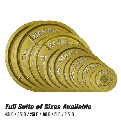 Gold Finish Olympic Steel Plates - Pairs and Sets 2 Inch Barbell Standard in Premium Gold for Weight Lifting (45lb Pair)