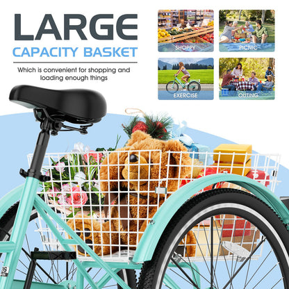 Slsy Adult Mountain Tricycle, 7 Speed Three Wheel Bike, 24/26 Inch Adults Trikes for Seniors with Shopping Basket, Exercise Men's Women's Tricycles