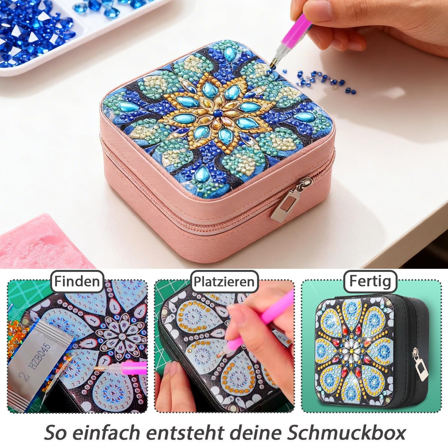CharySim 4 PC Diamond Art Jewelry Boxes Kits for Adults Gem Art Painting Kit Women Relaxing Rhinestone Craft Kit Paint By Dots Kits Birthday Gift (Blue&Blue)