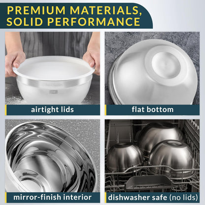 Baker's Signature Stainless Steel Mixing Bowls With Lid, Metal Mixing Bowl Set Of 3, Nesting Set For Food Prep, Baking,Storage, Cooking, Serving | Dishwasher Safe, Silver, 1.5/3/5 Qt