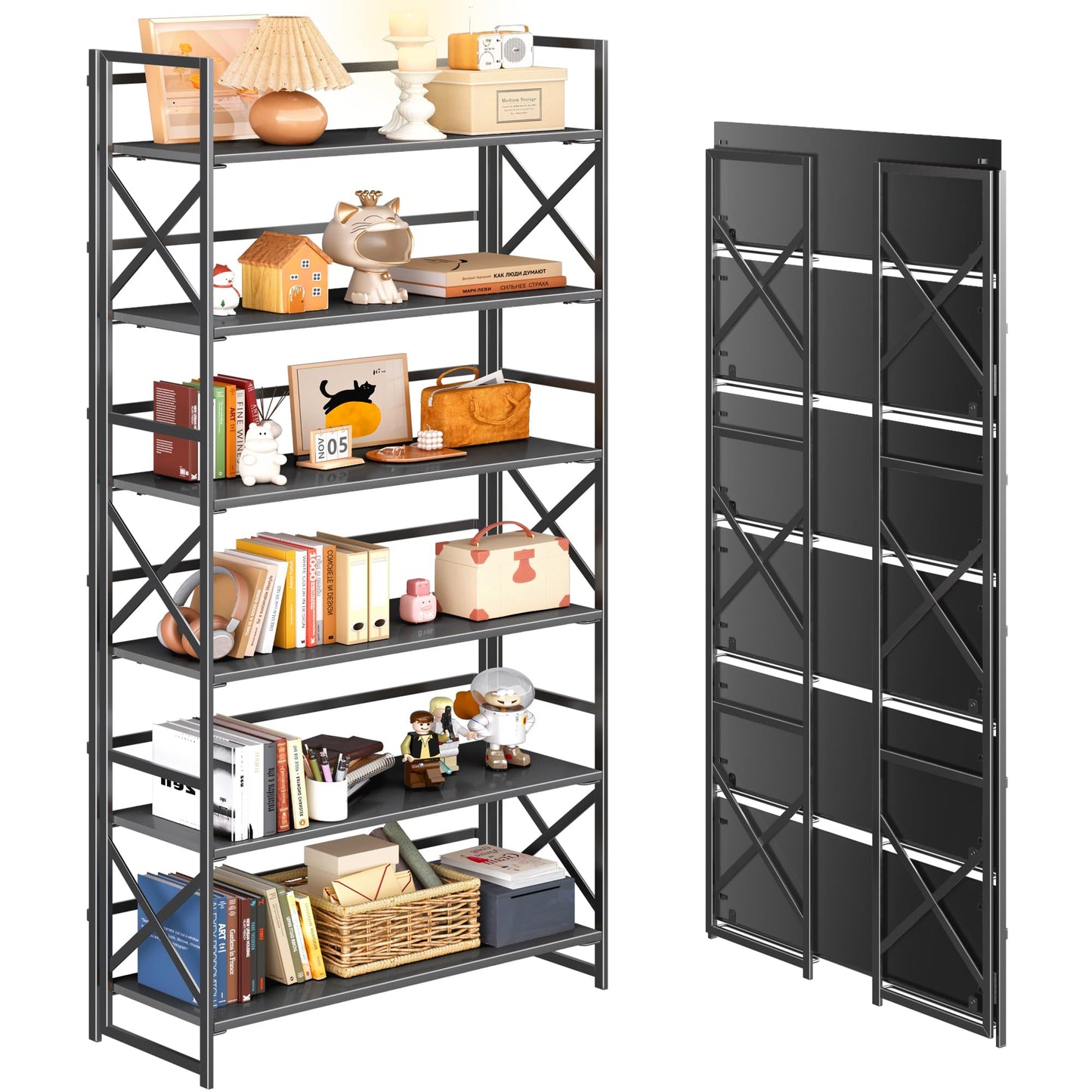 4NM Extra Wide 6 Tiers No Assembly Book Shelves, 61.8" H Folding Bookshelf Bookcase Open Industrial Foldable Shelves for Bedroom, Living Room, Home Office - All Black