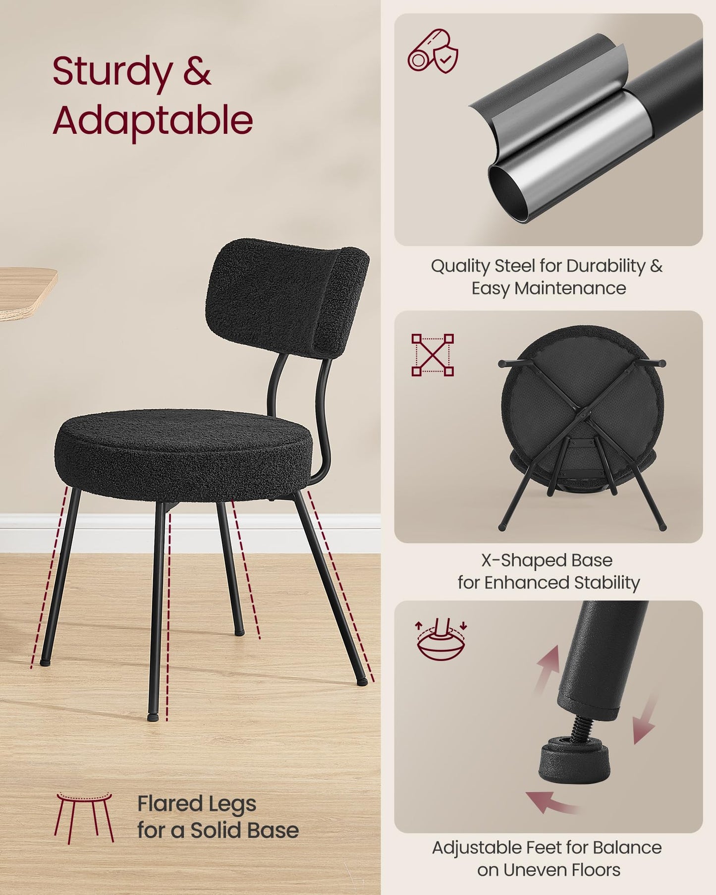 VASAGLE Boucle Dining Chairs Set of 4, Upholstered Kitchen Dining Room Chairs with Curved Backrest and Steel Frame, Modern Mid Century, Round, for Vanity, Living Room, Ink Black UKDC110B14