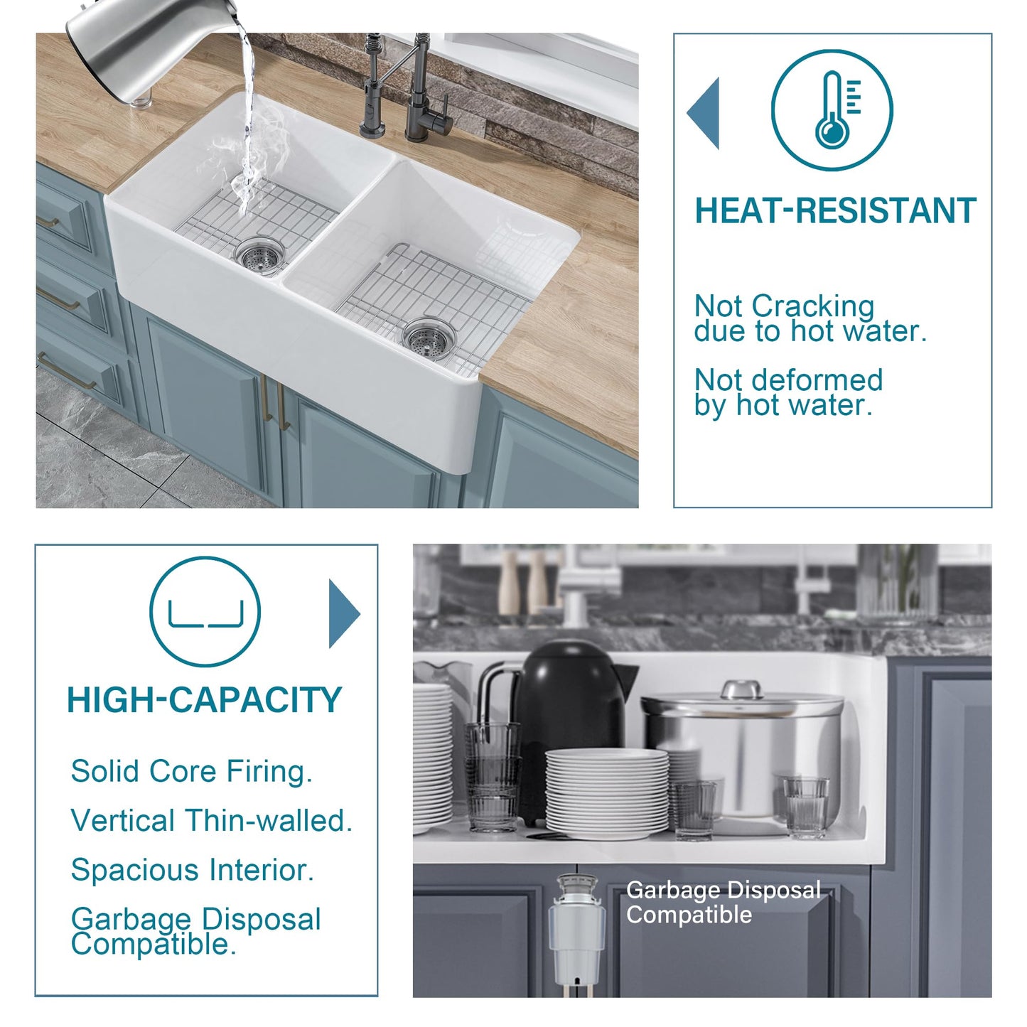 HOMLYLINK Double Bowl Farmhouse Sink White 33 x 18 Inch, Firecaly Apron Front Undermount Farm Sink Reversible(Sleek & Fluted Optional), Heavy-duty Dual Basin 50/50, for Kitchen
