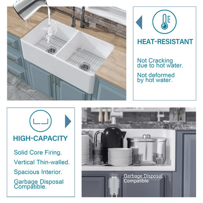 HOMLYLINK Double Bowl Farmhouse Sink White 33 x 18 Inch, Firecaly Apron Front Undermount Farm Sink Reversible(Sleek & Fluted Optional), Heavy-duty Dual Basin 50/50, for Kitchen