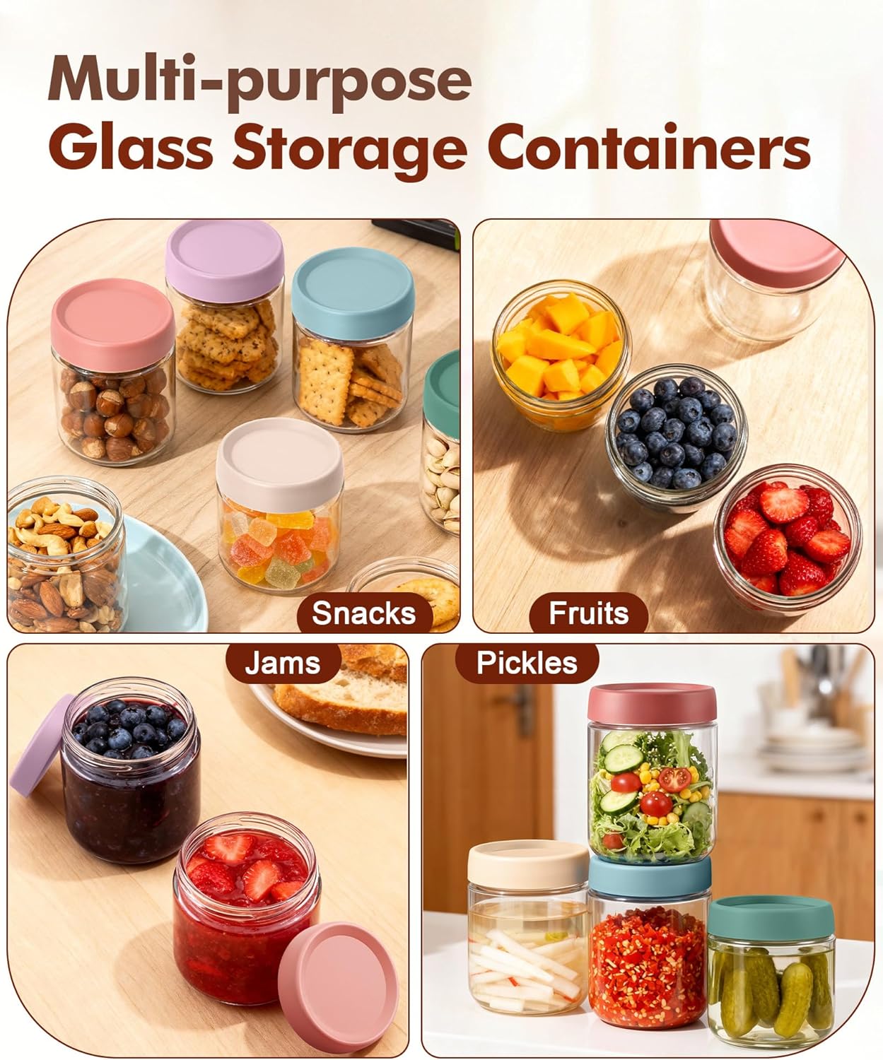6 pack 10 oz Overnight Oats Containers with Lids and Spoons Glass Jars with Airtight Lids: Wide Mouth Mason Salad Jars