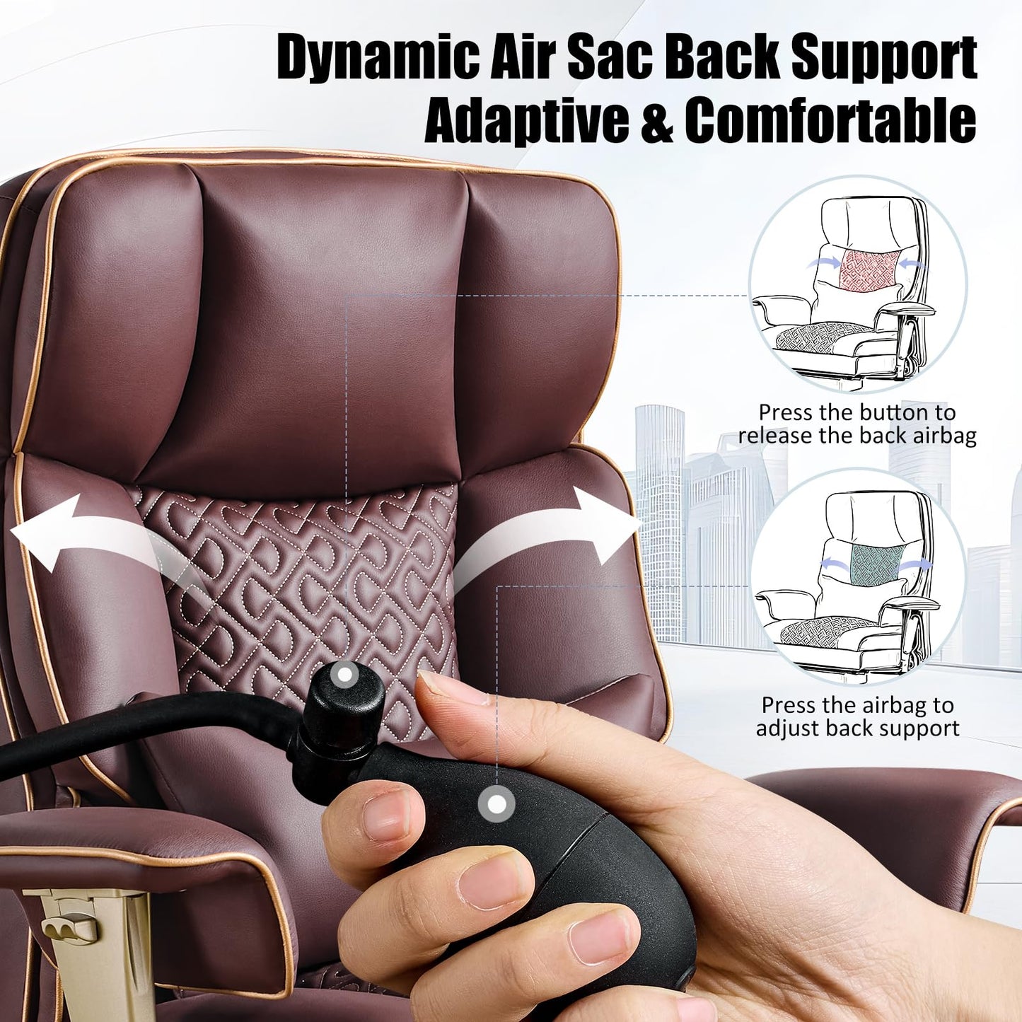Executive Desk Chir with Adjustable Air Back Support, Luxury Ergonomic PU Leather Office Chair with Lumbar Massage High-Back 3-Level Tilt 360° Swivel Silent Wheels Height Adjustment,Footrest, Brown