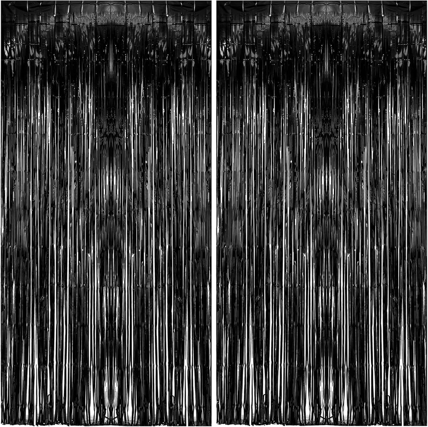 Skiennix Foil Curtain Backdrop - Black Metallic Tinsel Fringe for Photo Booth | 2 Pack Party Decorations