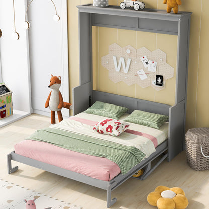 Bellemave Queen Size Murphy Bed with a Shelf, Easy Fold Wood Wall Bed, Space-Saving Wall Bed for Guest Room or Home Office, No Box Spring Needed, Noise Free (Gray)