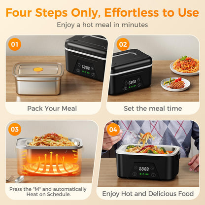 QUESSA 𝟐𝟎𝟐𝟔 𝐔𝐩𝐠𝐫𝐚𝐝𝐞𝐝 Cordless Heated Lunch Box, 6 Cups Rechargeable Electric Lunch Box with Ice Crystal Box & Insulated Bag, 24 Hours Scheduled Self Heating Food Warmer for Men Women