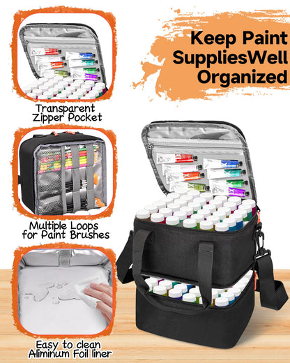 ZOMICE Acrylic Paint Organizer Bag for 72 Bottles (2 oz), Portable Acrylic Paint Storage Case with Shoulder Strap & Handle,Double Layer Art Supply Carrying Bag with Removable Dividers & Extra Pocket