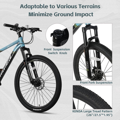 AVASTA 26-inch Mountain Bike for Man Male and Woman Female Adult with Lightweight Aluminum Alloy Frame and Dual Disc Brakes,Front Suspension,21-Speed Gear Shifters,Hidden Brake Cables,Blue
