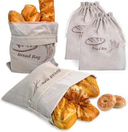 KYWJP 3 Pack Bread Bags for Homemade with Inner Lining, Linen Sourdough Reusable Bread Bags for Homemade Bread