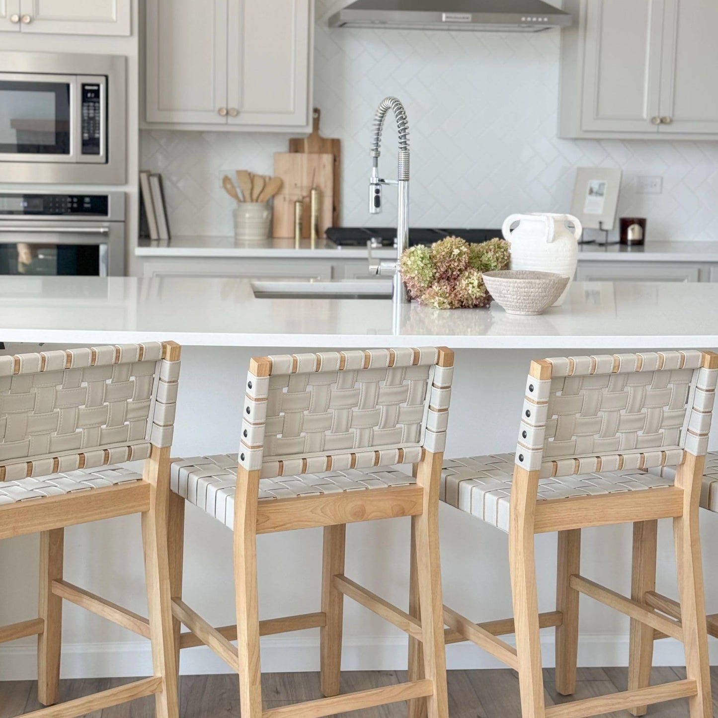 Nathan James Cohen Mid Century Modern Bar Stool, Upholstered Faux Leather Counter Stool with Back and Solid Wood Legs, Off White