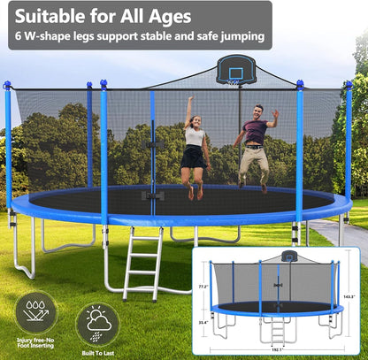 Lyromix Upgraded 16FT Trampoline with Lights, Large Outdoor Trampoline with Sprinkler,Basketball Hoop and Net, Capacity for 5-8 Kids and Adults, Classic Blue