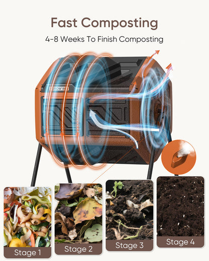 THEGROW'ING 43 Gallon Dual Chamber Compost Bin with Built-in Nuts, Outdoor Rotating Composter Tumbler for Garden Backyard, Orange