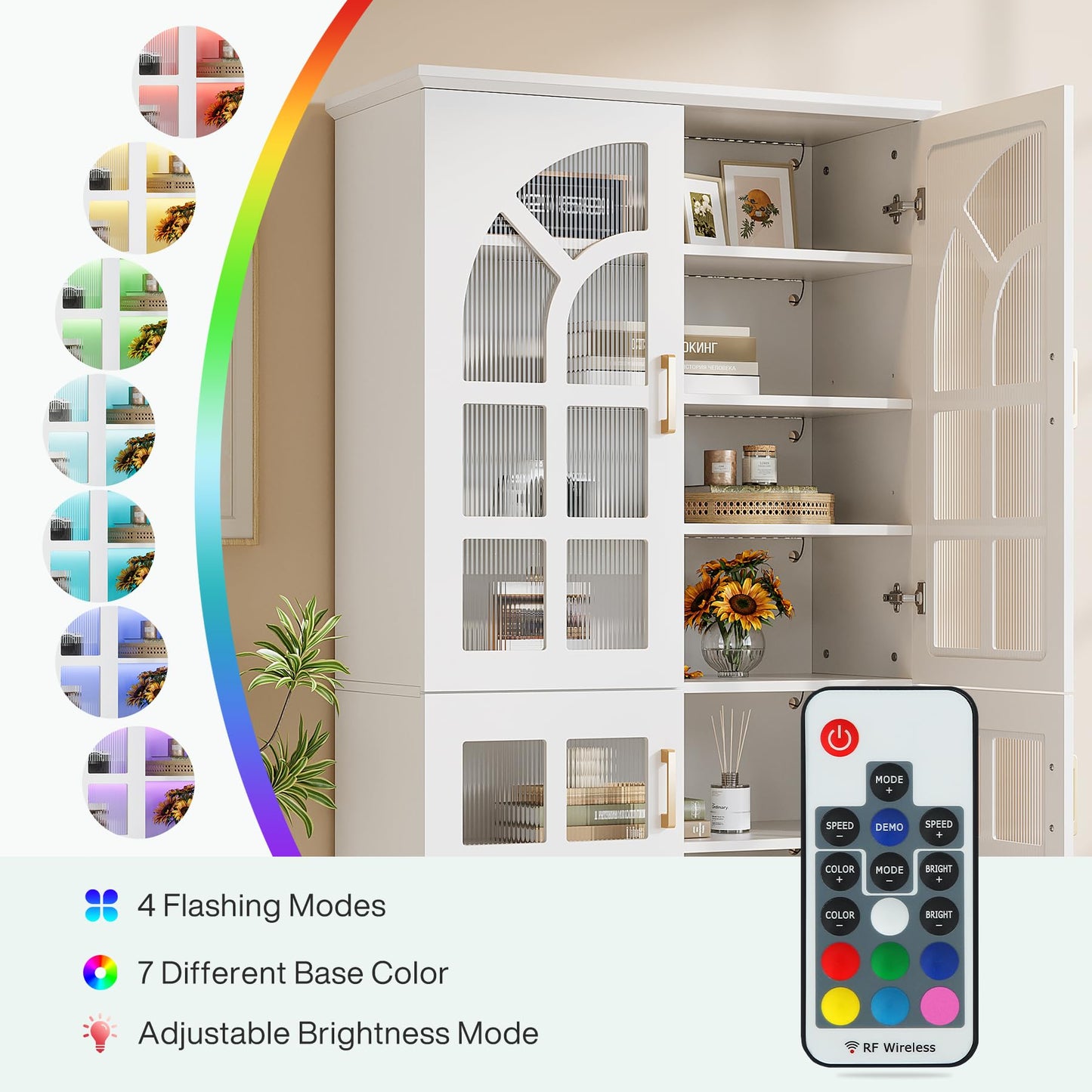 Tribesigns 8-Tier Bookshelf with Doors and LED Lights, 68.9" Tall Bookcase with Adjustable Shelves, Modern Wooden Display Cabinet for Living Room, Home Office, Bedroom, White (1PC)